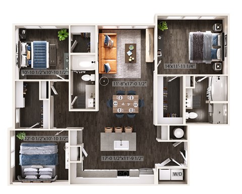 Floor plan for 3 beds, 2 baths, 1396 sqft